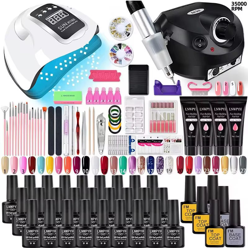 Complete Gel Nail Polish Kit with UV/LED Nail Lamp & Electric Nail Drill | 27 Colors Gel Set