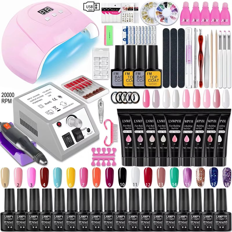 Complete Gel Nail Polish Kit with 36W UV/LED Nail Lamp – 18 Colors Gel + 9 Poly Gels + Base & Top Coat