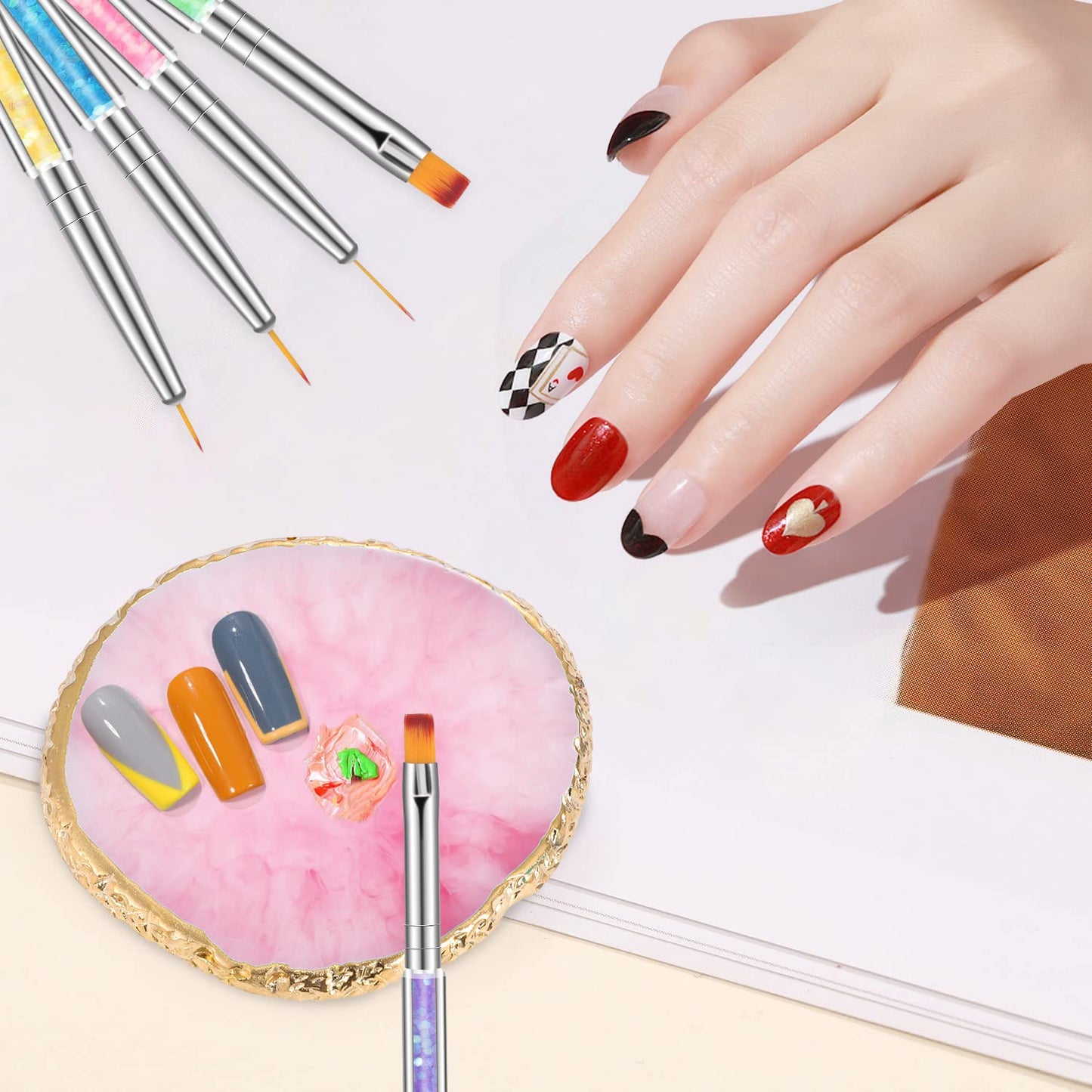 Nail Art Brush & Resin Palette Set – 5 Double-Ended Brushes + Mixing Palette for Manicure & DIY Nail Designs