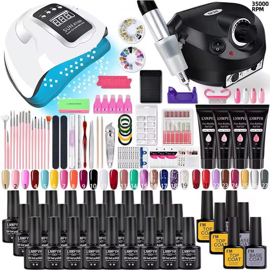 Complete Gel Nail Polish Kit with UV/LED Nail Lamp & Electric Nail Drill | 27 Colors Gel Set